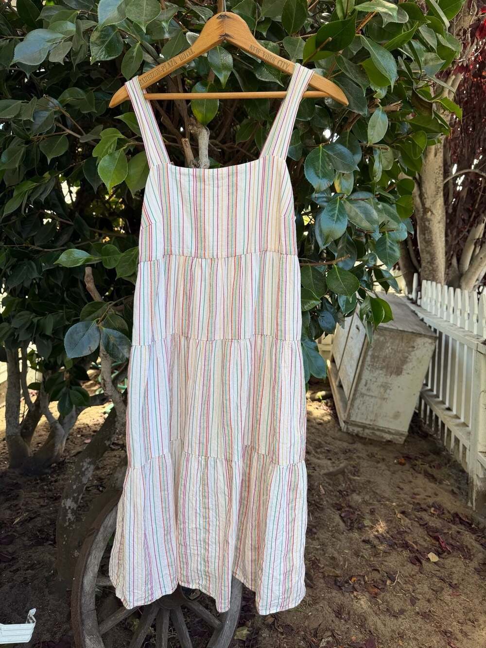 Madewell Button-Back Tiered Dress in Textural Rainbow Stripe